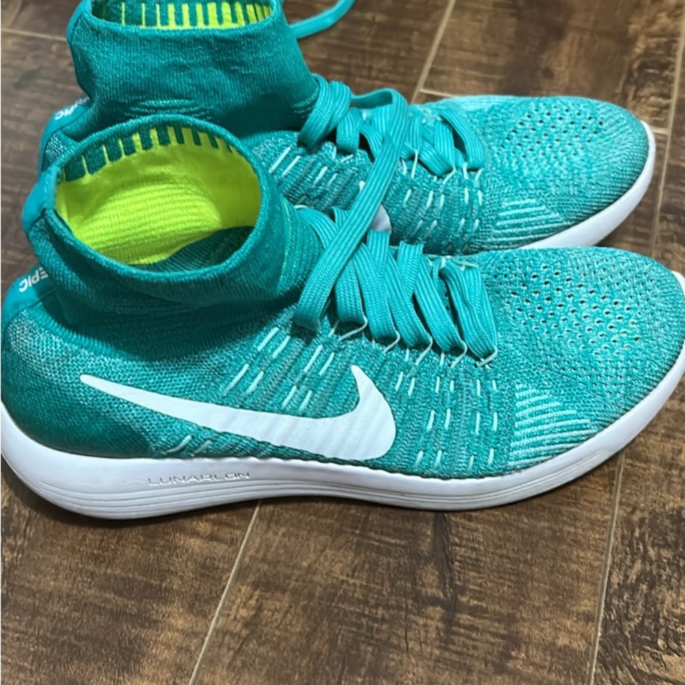 Nike Teal and White Flyknit Shoes